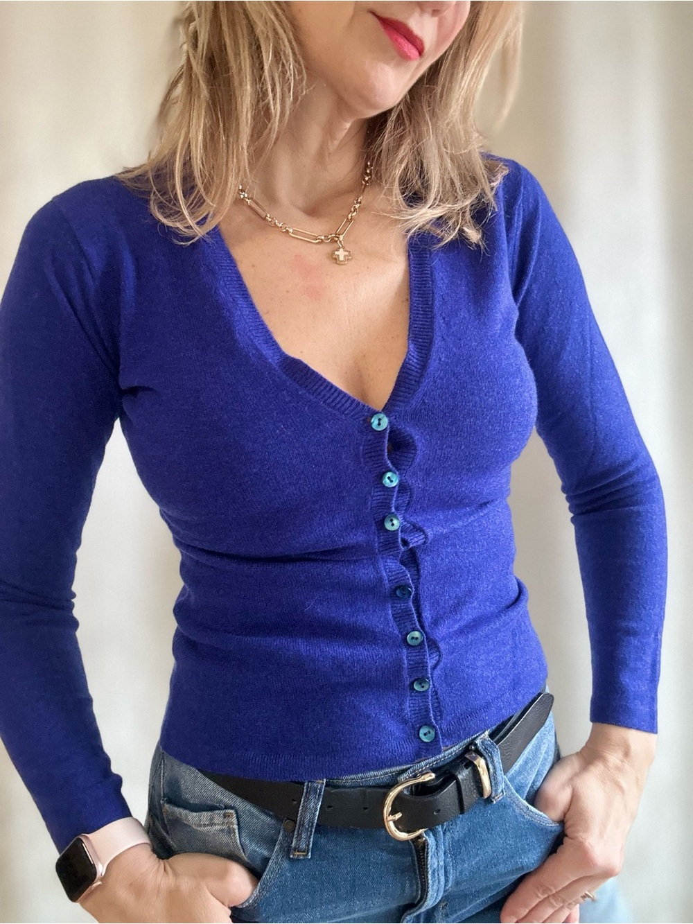 Brora Royal Blue V-Neck Button Front cashmere Cardigan